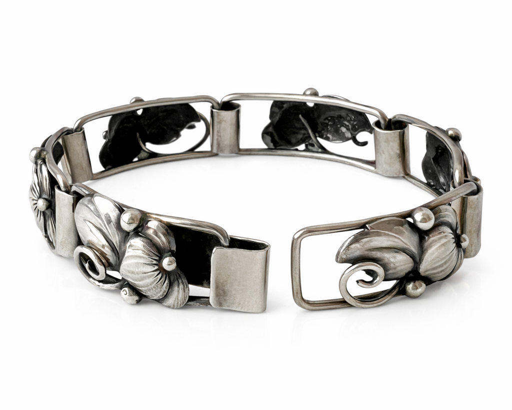 A Klokker Danish 830 Silver Floral Panel Bracelet Art Deco Scandinavian Jewellery