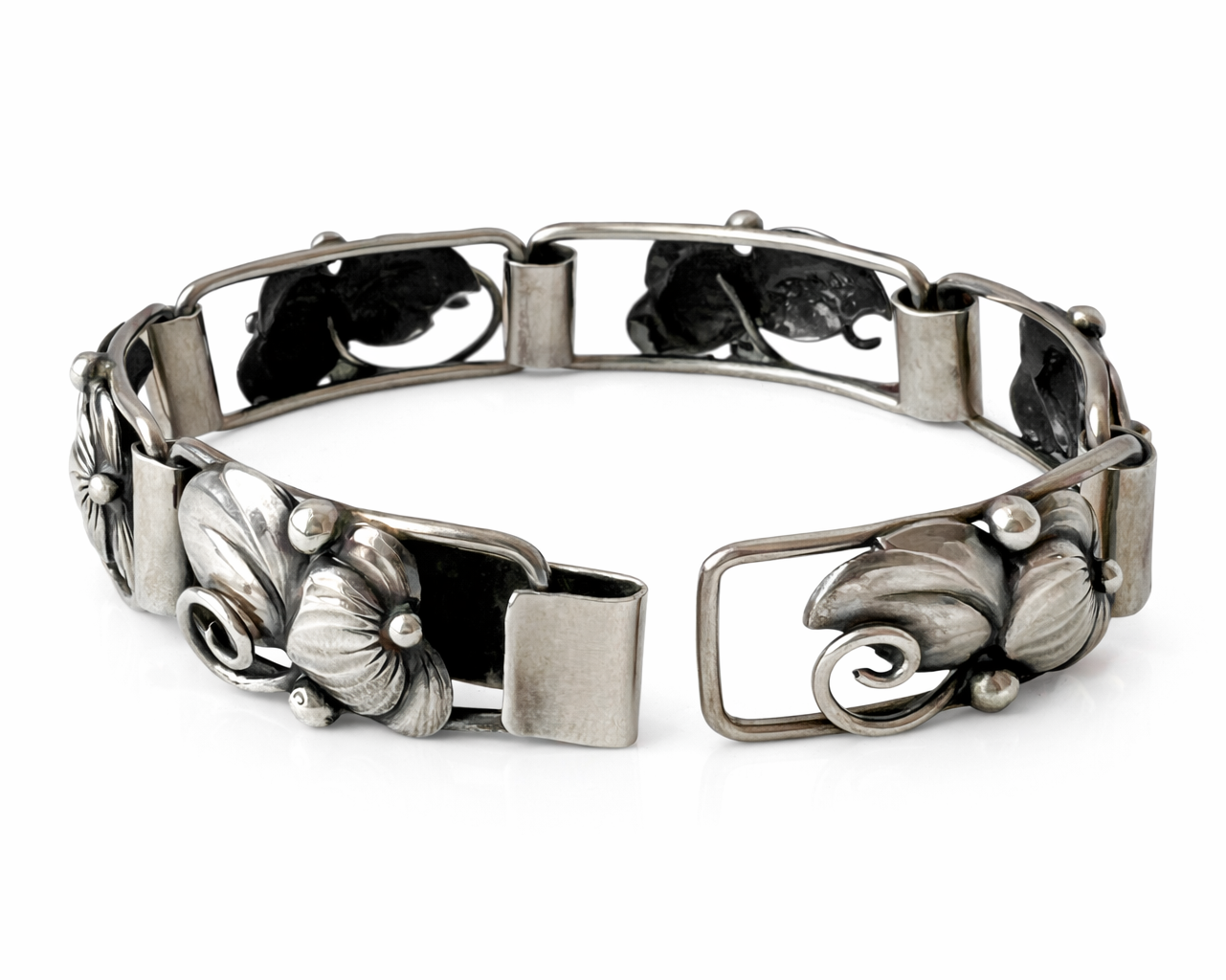 A Klokker Danish 830 Silver Floral Panel Bracelet Art Deco Scandinavian Jewellery