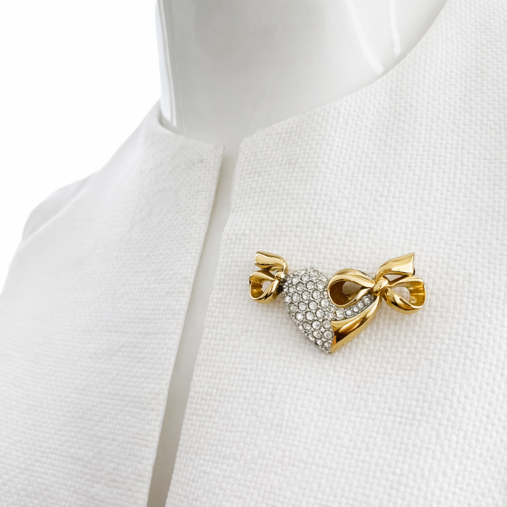 Vintage Nina Ricci Rhinestone Heart Bow Brooch, Gold Tone Designer Pin