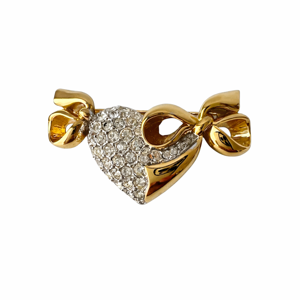 Vintage Nina Ricci Rhinestone Heart Bow Brooch, Gold Tone Designer Pin