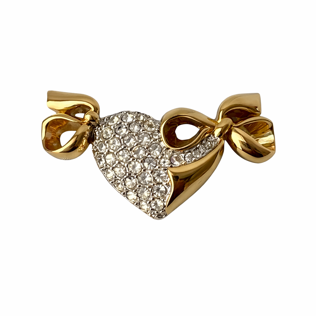 Vintage Nina Ricci Rhinestone Heart Bow Brooch, Gold Tone Designer Pin
