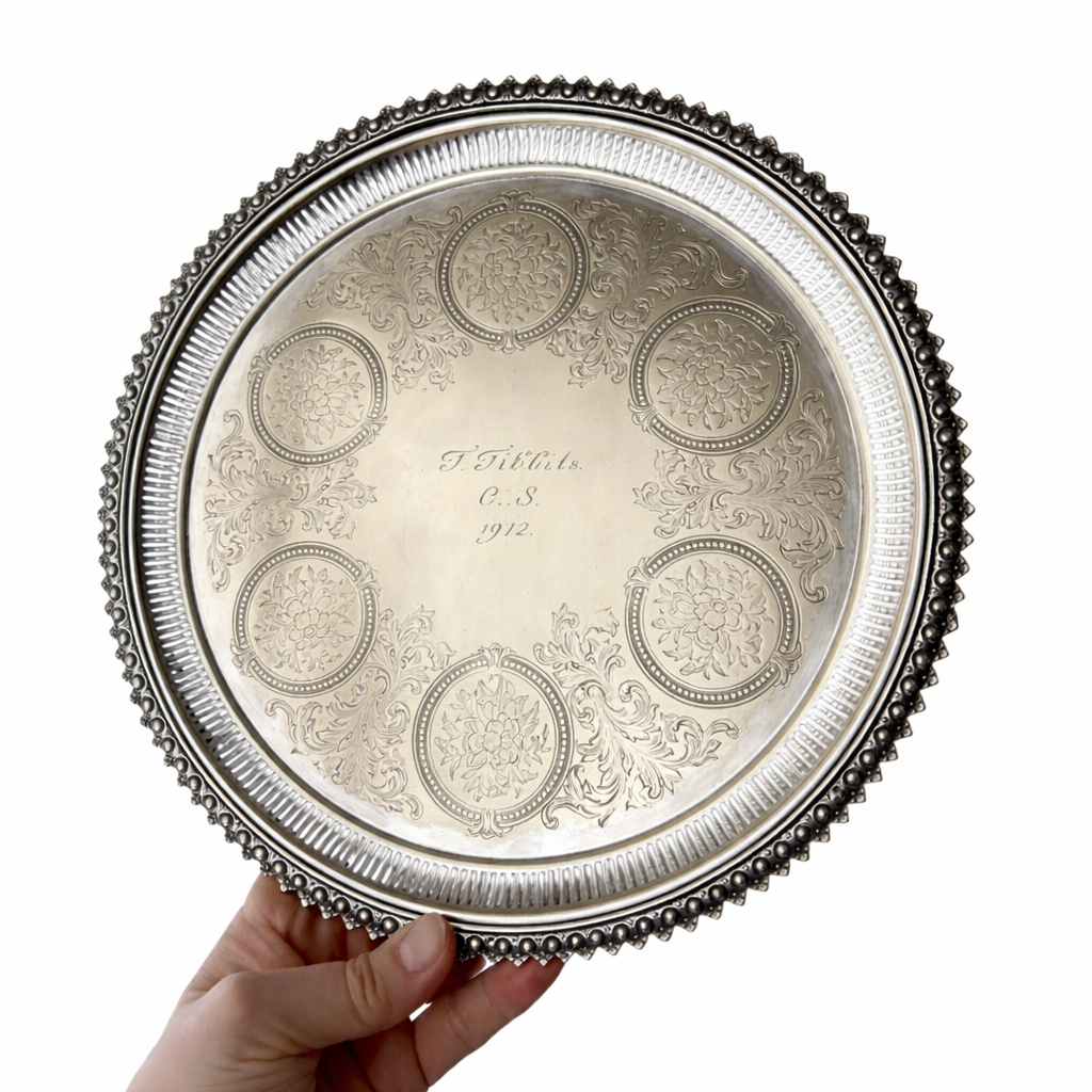 Antique Silver Plated Salver 1912 Engraved F Tibbits Ornate Beaded Edge Footed Tray 26cm