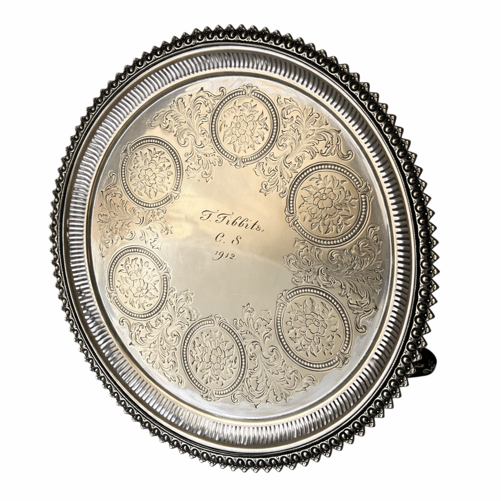 Antique Silver Plated Salver 1912 Engraved F Tibbits Ornate Beaded Edge Footed Tray 26cm