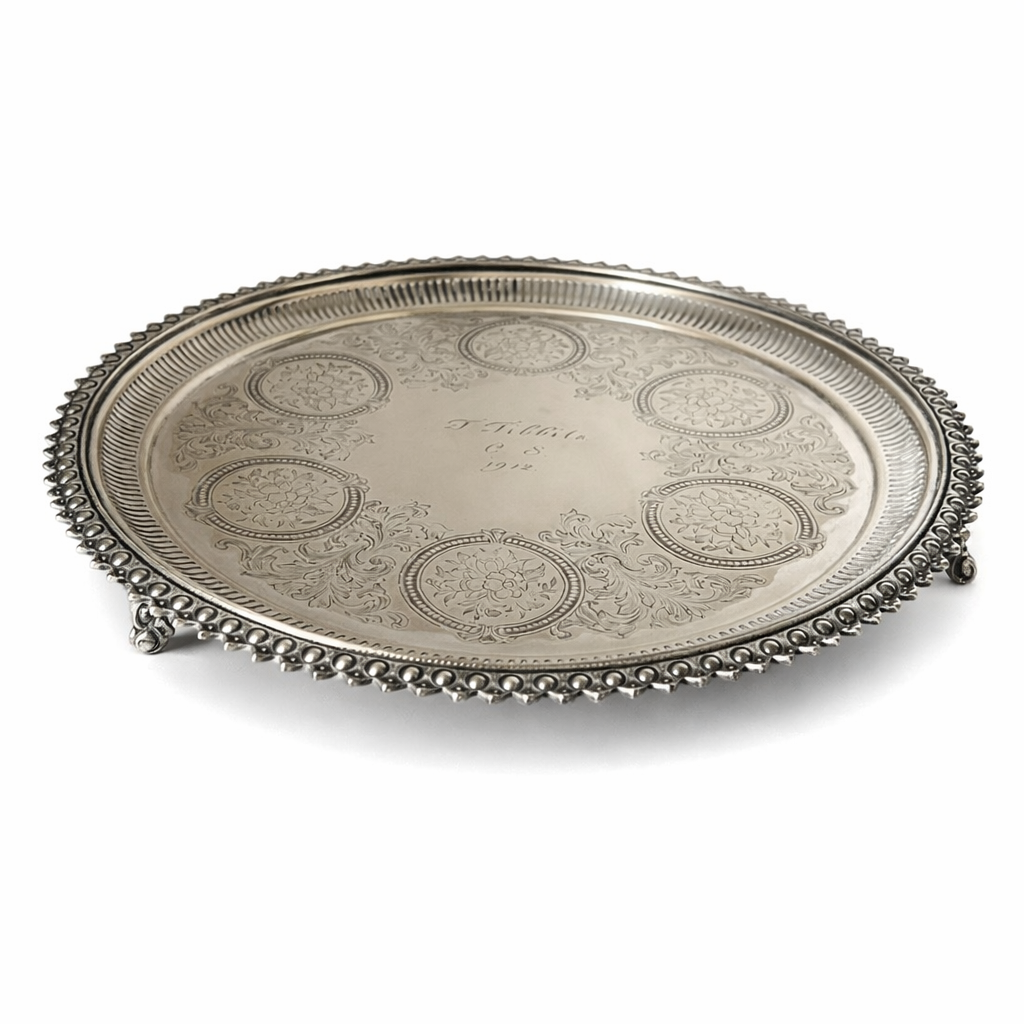 Antique Silver Plated Salver 1912 Engraved F Tibbits Ornate Beaded Edge Footed Tray 26cm