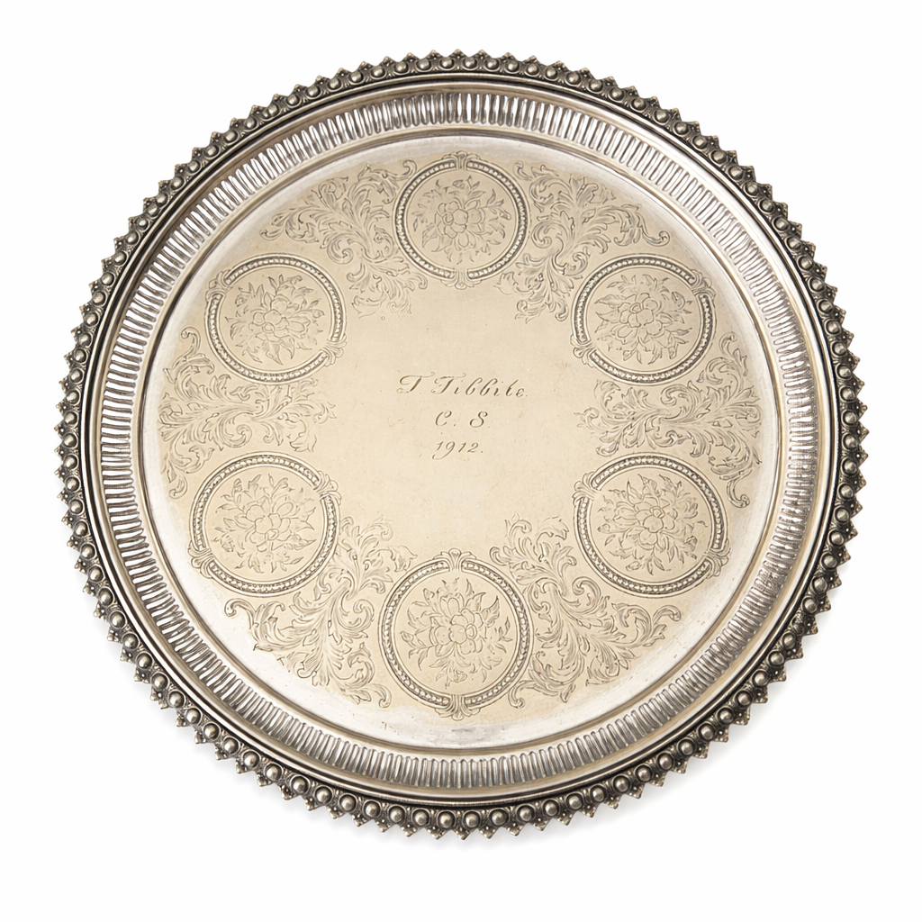 Antique Silver Plated Salver 1912 Engraved F Tibbits Ornate Beaded Edge Footed Tray 26cm