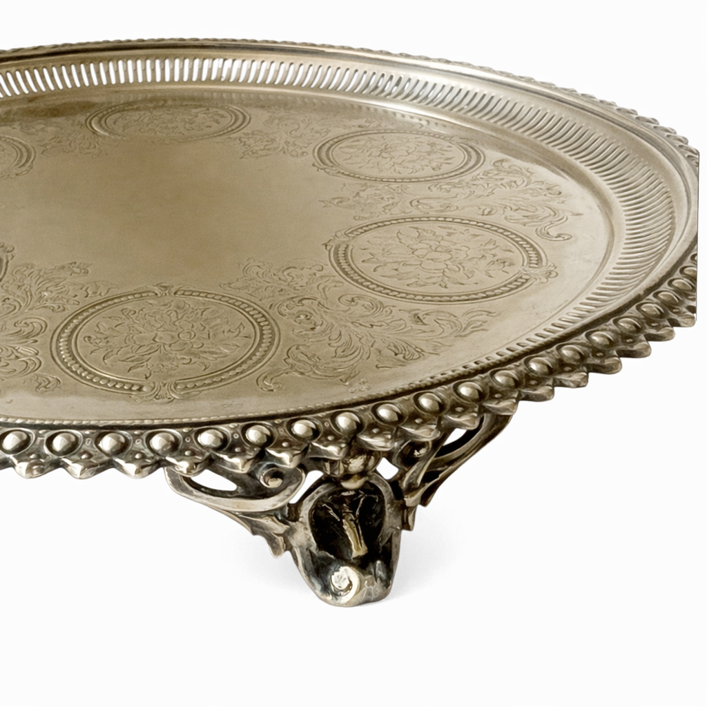 Antique Silver Plated Salver 1912 Engraved F Tibbits Ornate Beaded Edge Footed Tray 26cm