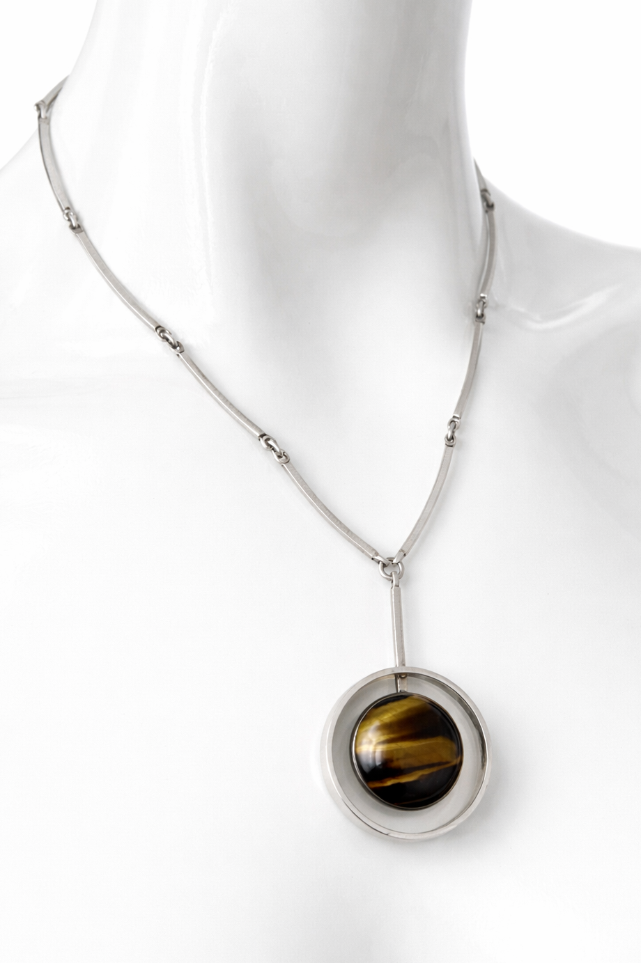 Niels Erik From Tiger Eye Sterling Silver Necklace Modernist Scandinavian Pendant