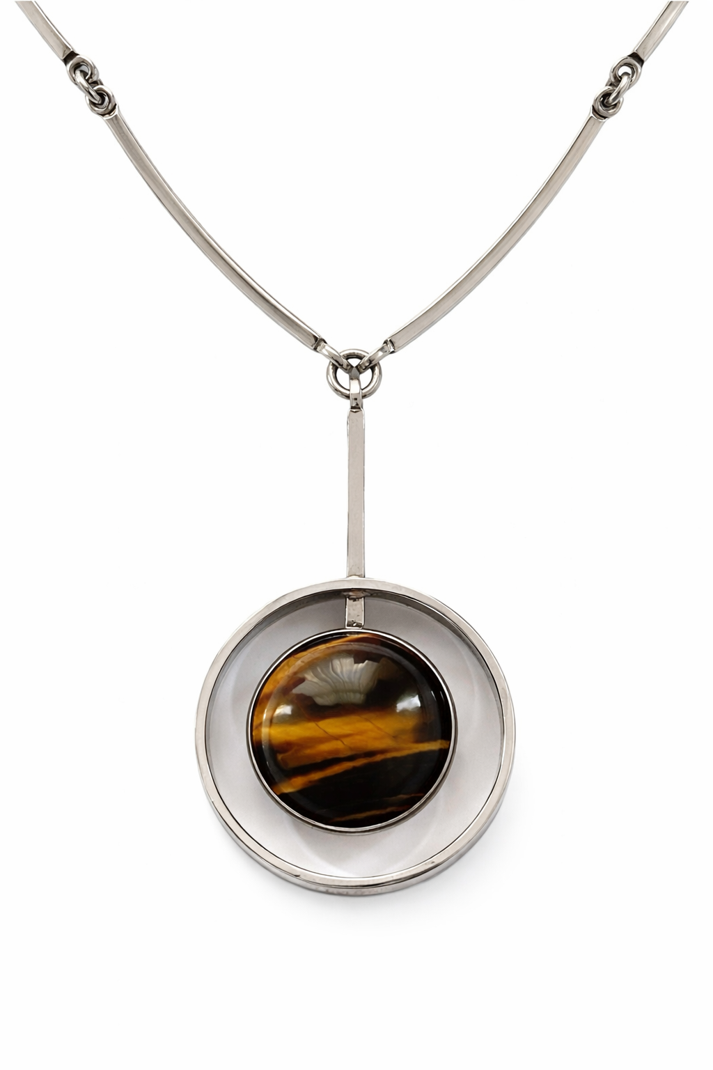 Niels Erik From Tiger Eye Sterling Silver Necklace Modernist Scandinavian Pendant