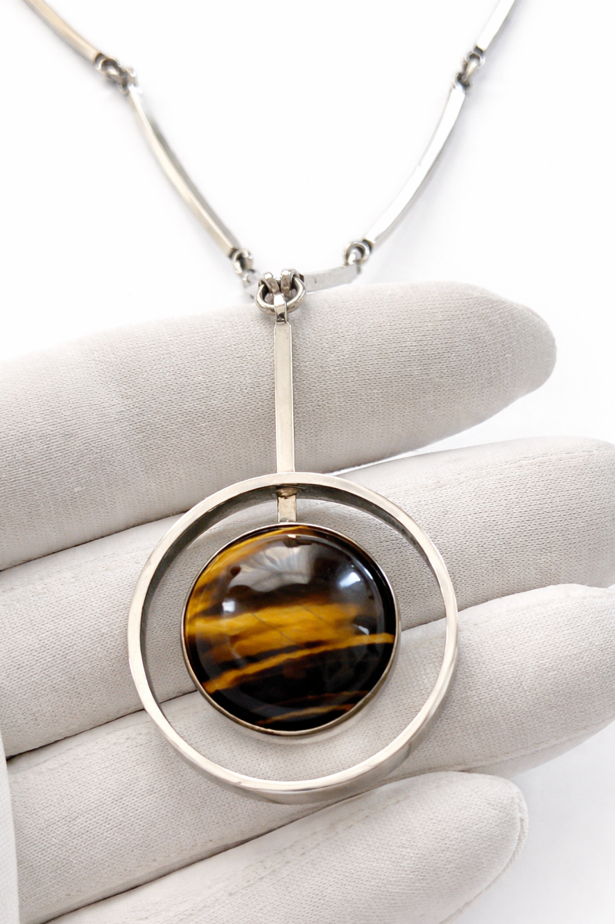 Niels Erik From Tiger Eye Sterling Silver Necklace Modernist Scandinavian Pendant