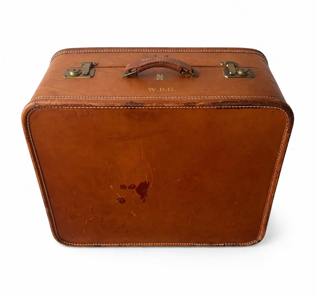 Antique Belber Suitcase 1910s – California Saddle Leather Trunk, Brass Hardware, Early 1900s Travel Luggage
