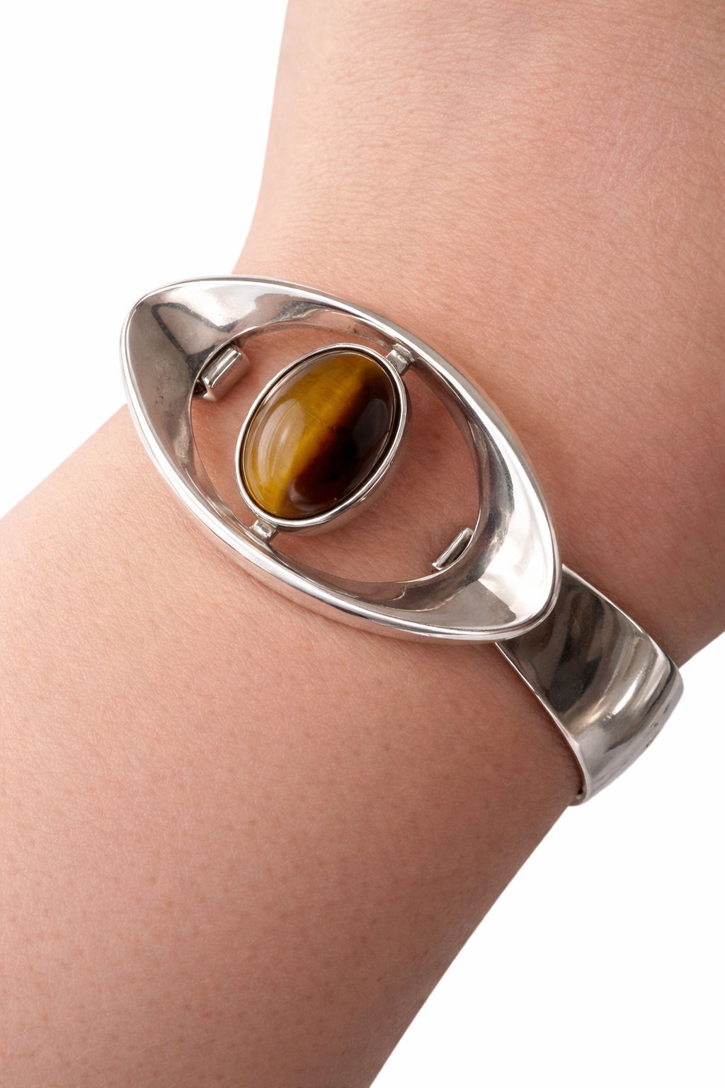 Vintage Scandinavian Modernist Niels Erik From Sterling Silver Tiger Eye Cabochon Cuff