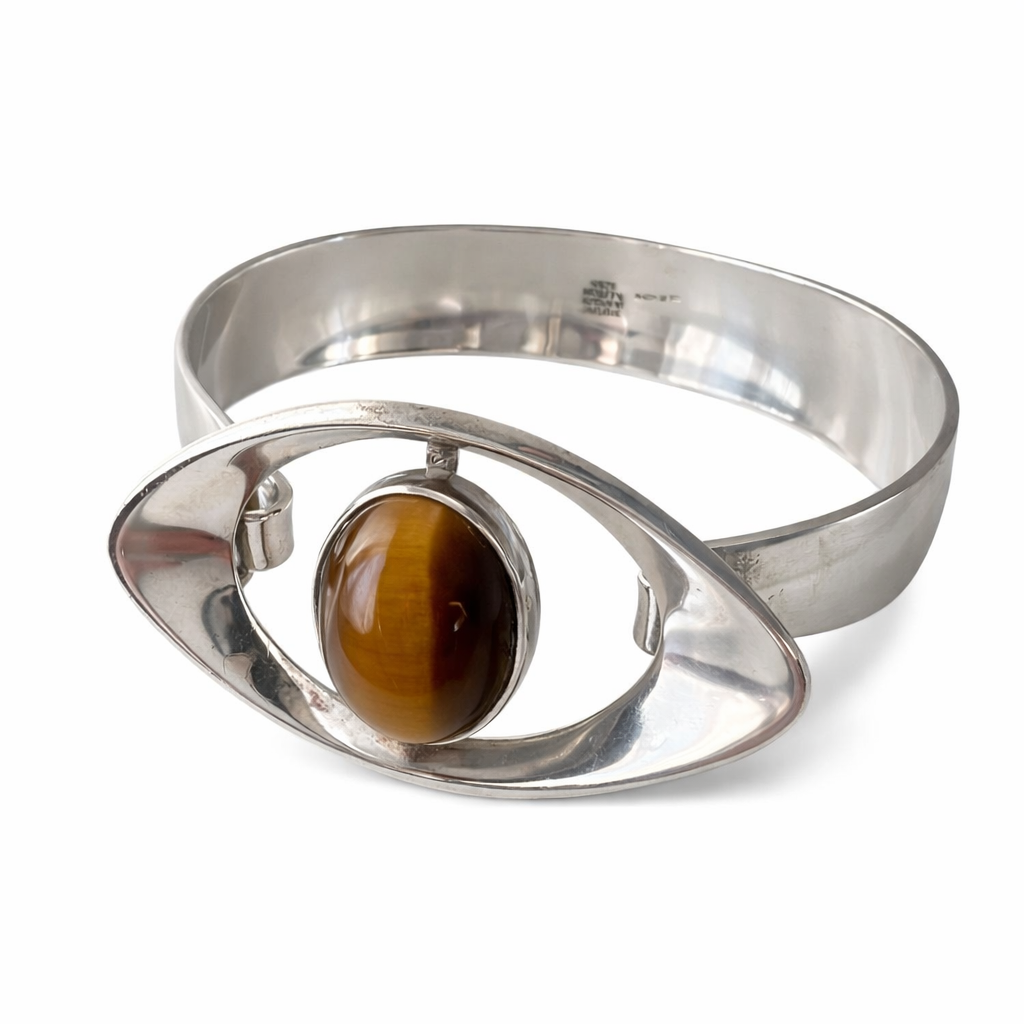 Vintage Scandinavian Modernist Niels Erik From Sterling Silver Tiger Eye Cabochon Cuff