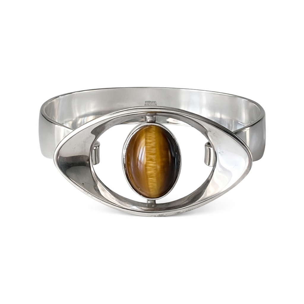 Vintage Scandinavian Modernist Niels Erik From Sterling Silver Tiger Eye Cabochon Cuff