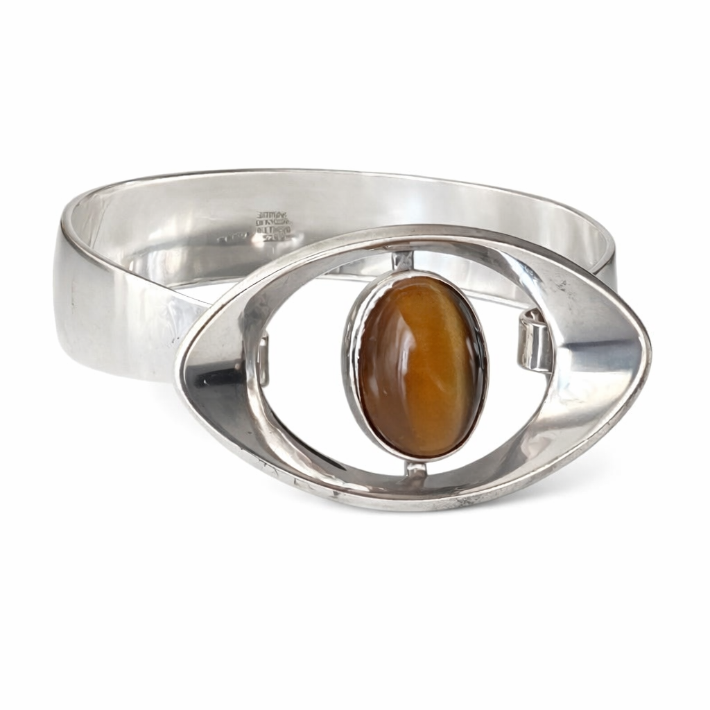 Vintage Scandinavian Modernist Niels Erik From Sterling Silver Tiger Eye Cabochon Cuff