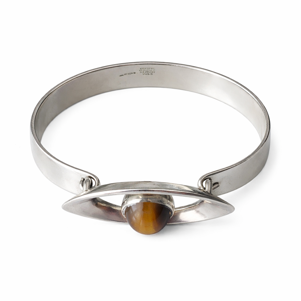 Vintage Scandinavian Modernist Niels Erik From Sterling Silver Tiger Eye Cabochon Cuff
