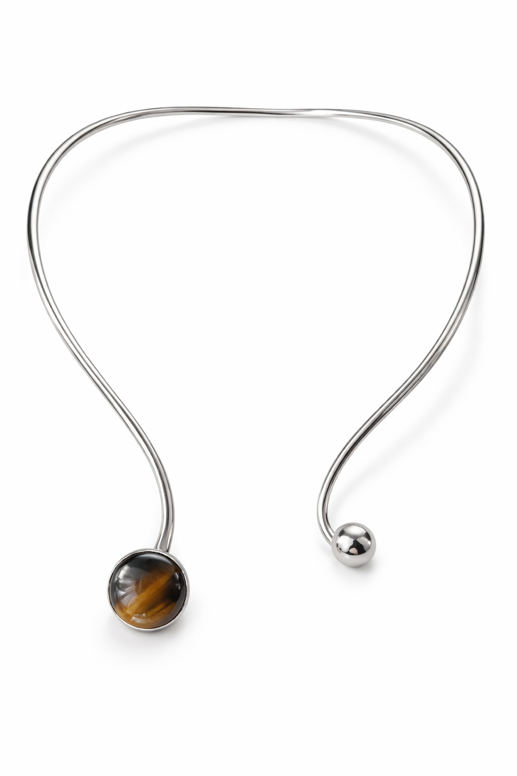 Niels Erik From Scandinavian Modernist Vintage Sterling Silver Tiger Eye Cabochon Torque Necklace