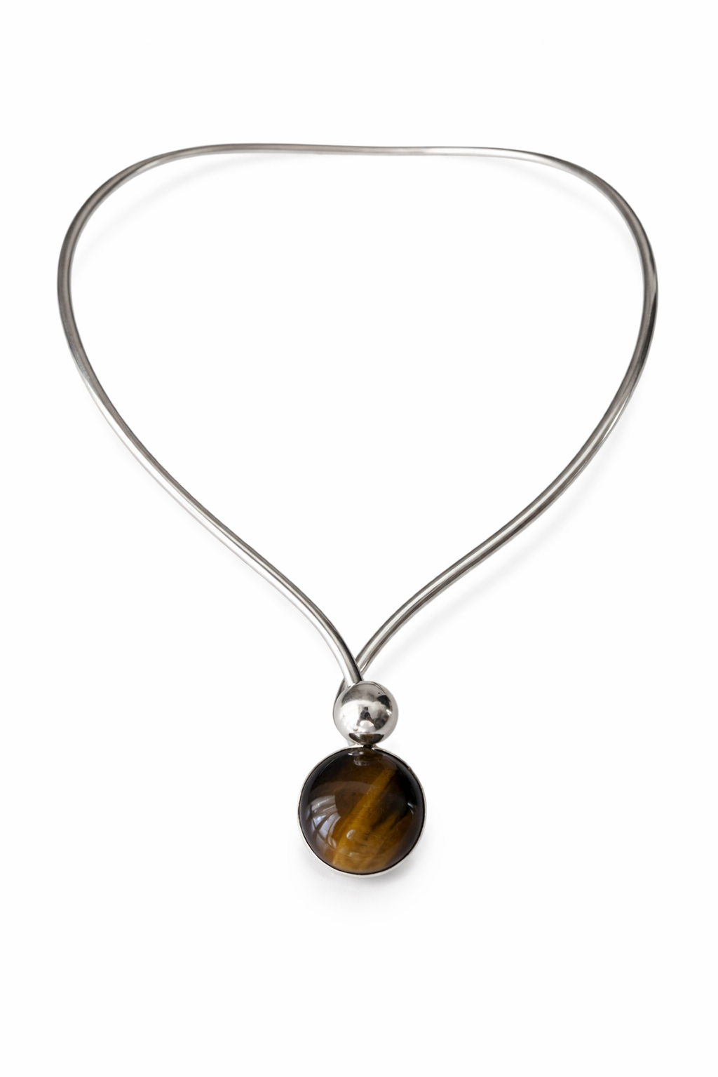 Niels Erik From Scandinavian Modernist Vintage Sterling Silver Tiger Eye Cabochon Torque Necklace