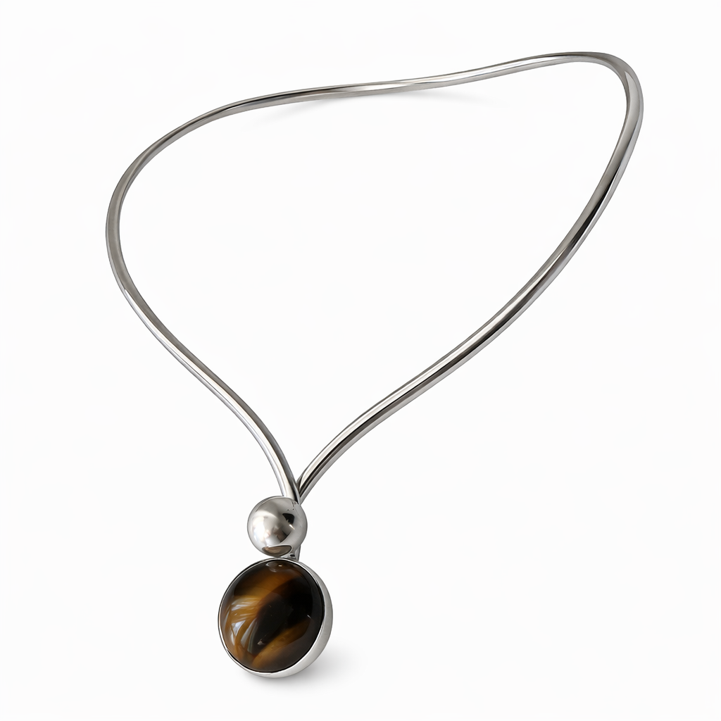 Niels Erik From Scandinavian Modernist Vintage Sterling Silver Tiger Eye Cabochon Torque Necklace
