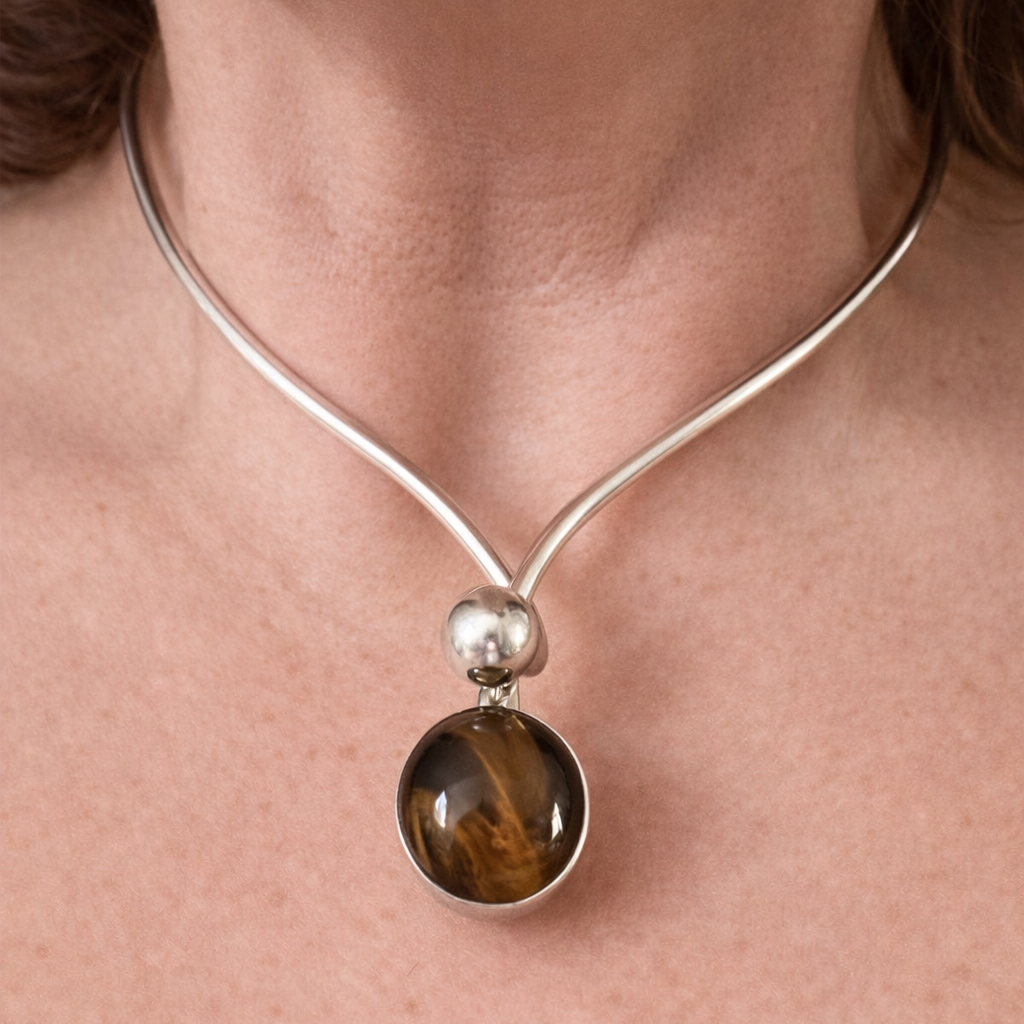 Niels Erik From Scandinavian Modernist Vintage Sterling Silver Tiger Eye Cabochon Torque Necklace