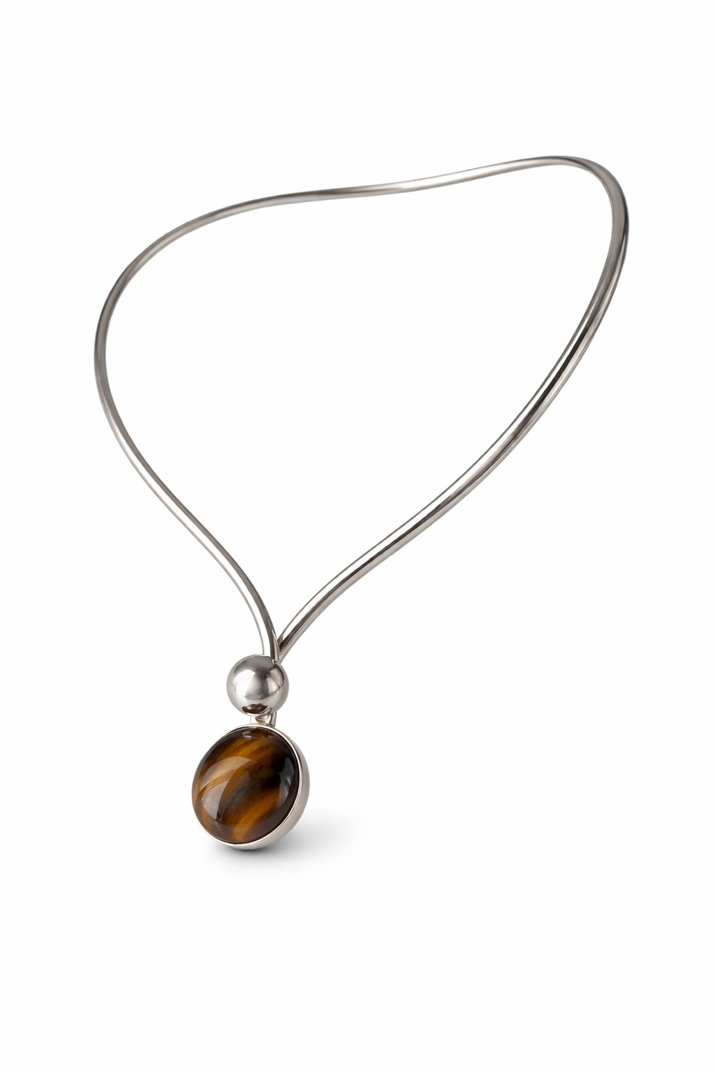 Niels Erik From Scandinavian Modernist Vintage Sterling Silver Tiger Eye Cabochon Torque Necklace
