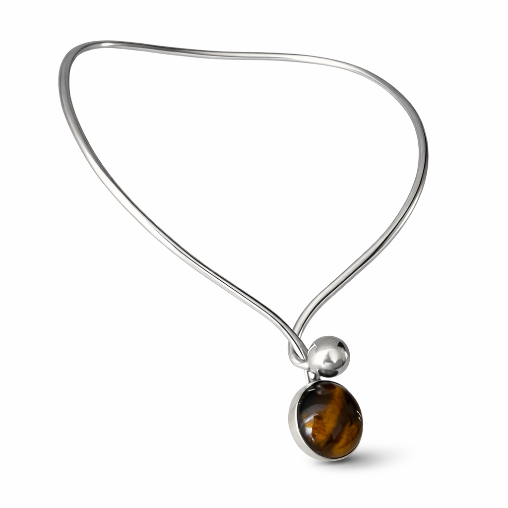 Niels Erik From Scandinavian Modernist Vintage Sterling Silver Tiger Eye Cabochon Torque Necklace