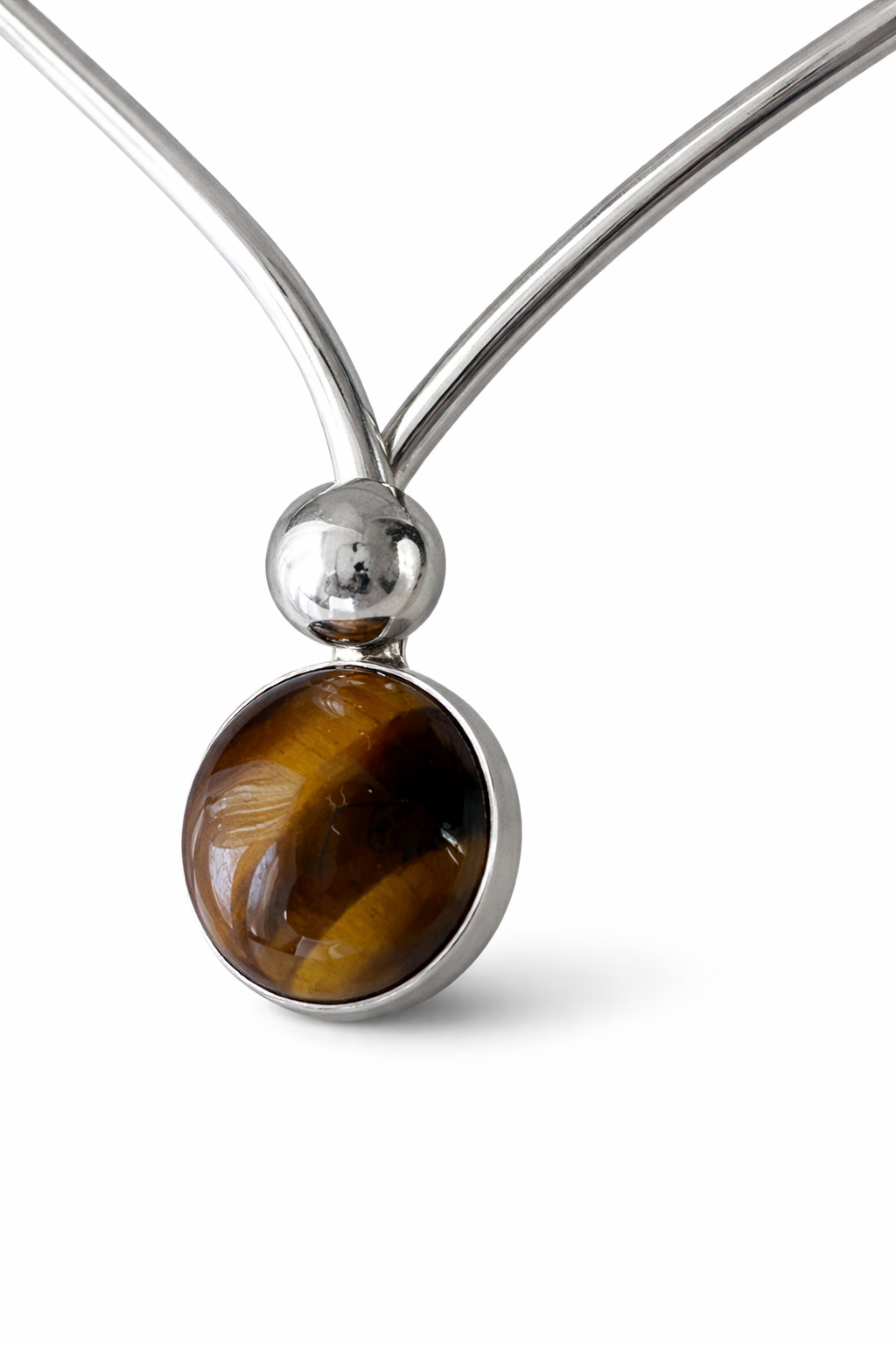 Niels Erik From Scandinavian Modernist Vintage Sterling Silver Tiger Eye Cabochon Torque Necklace