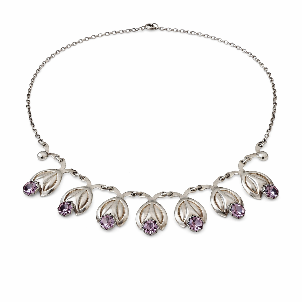 Vintage Danish Sterling Silver Floral Necklace Purple Crystal Hermann Siersbøl Scandinavian
