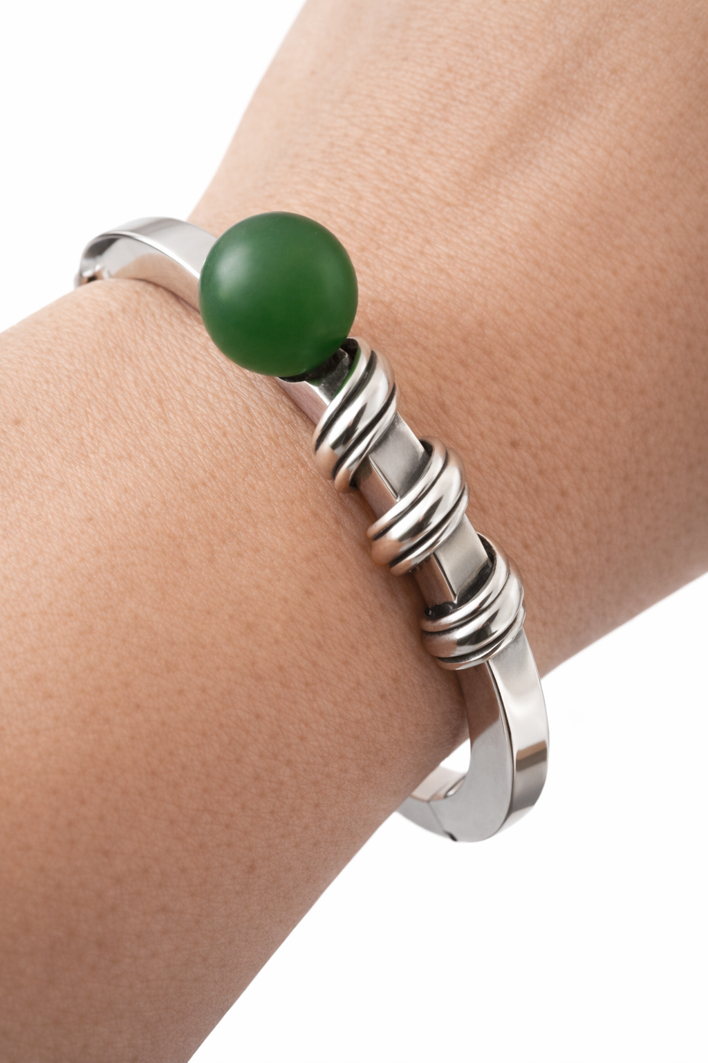 Anton Michelsen, Scandinavian Modernist Silver Hinged Bangle Bracelet, Green Bead 1960s