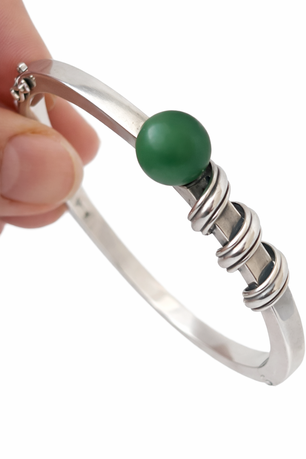 Anton Michelsen, Scandinavian Modernist Silver Hinged Bangle Bracelet, Green Bead 1960s