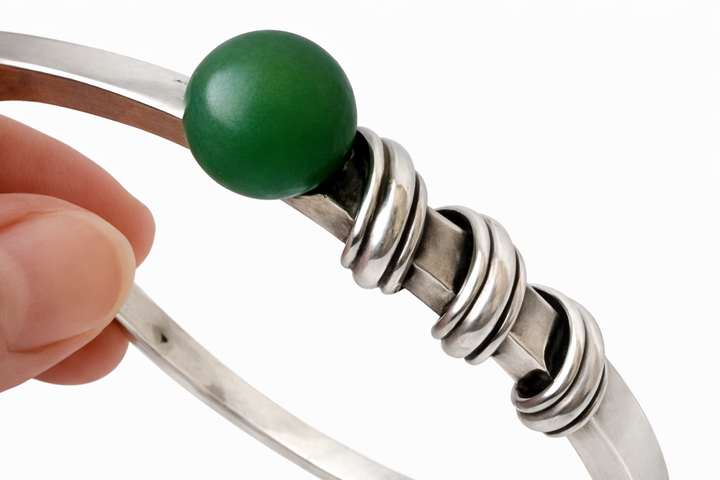 Anton Michelsen, Scandinavian Modernist Silver Hinged Bangle Bracelet, Green Bead 1960s