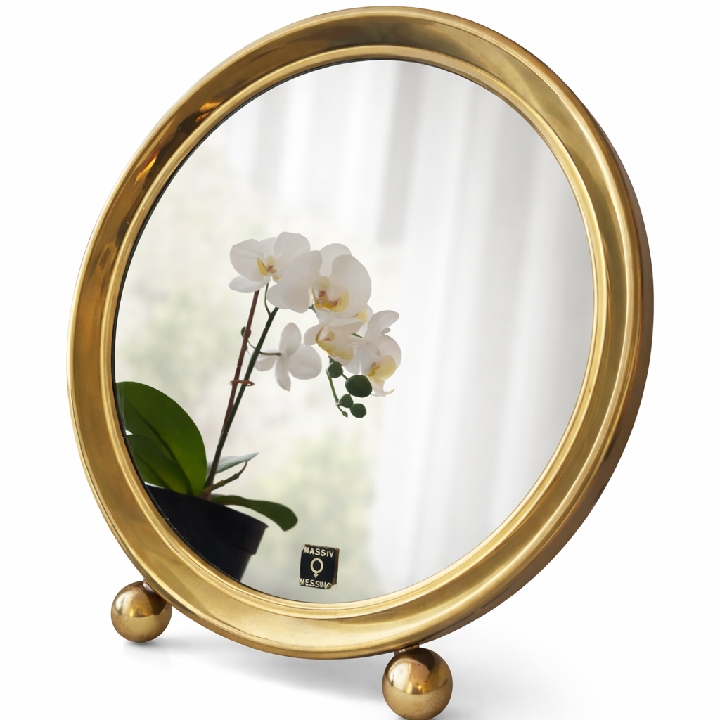 Vintage Solid Brass Vanity Mirror Tabletop Dressing Mirror German 1970s Hollywood Regency