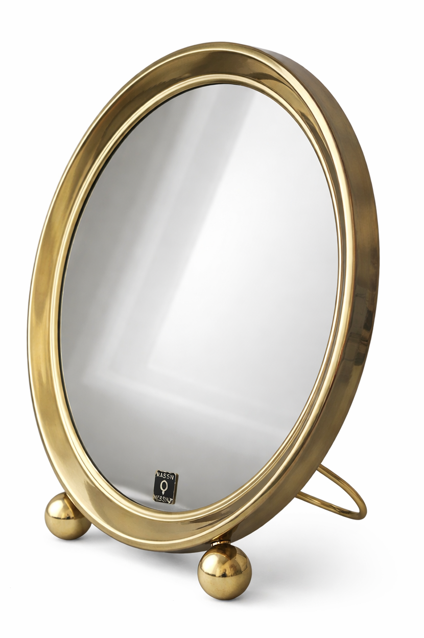 Vintage Solid Brass Vanity Mirror Tabletop Dressing Mirror German 1970s Hollywood Regency