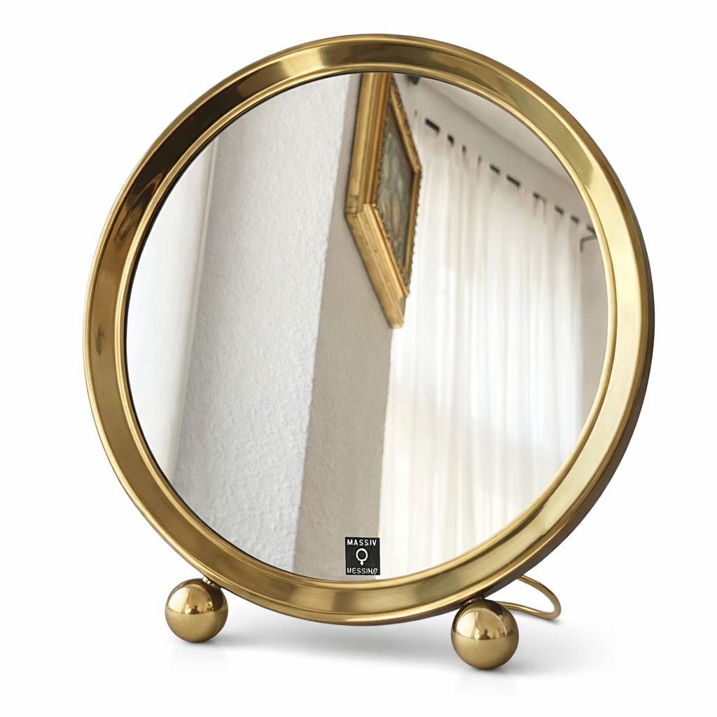 Vintage Solid Brass Vanity Mirror Tabletop Dressing Mirror German 1970s Hollywood Regency