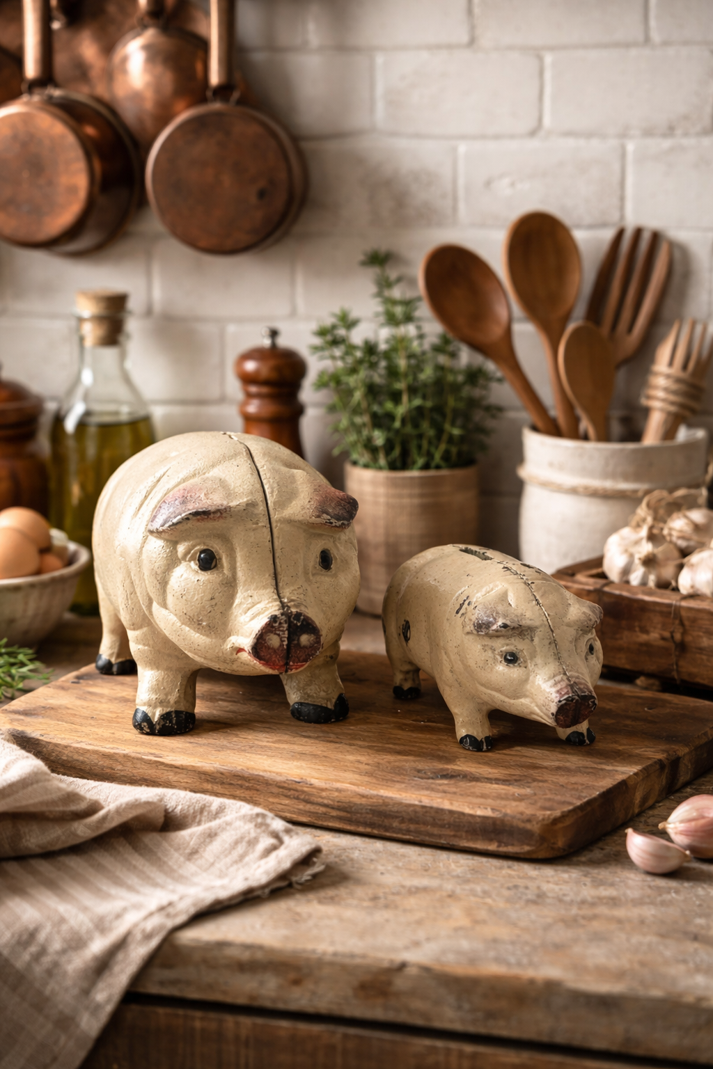 Antique French Cast Iron Pig Sculptures, Pair Piggy Banks, c.1900–1920