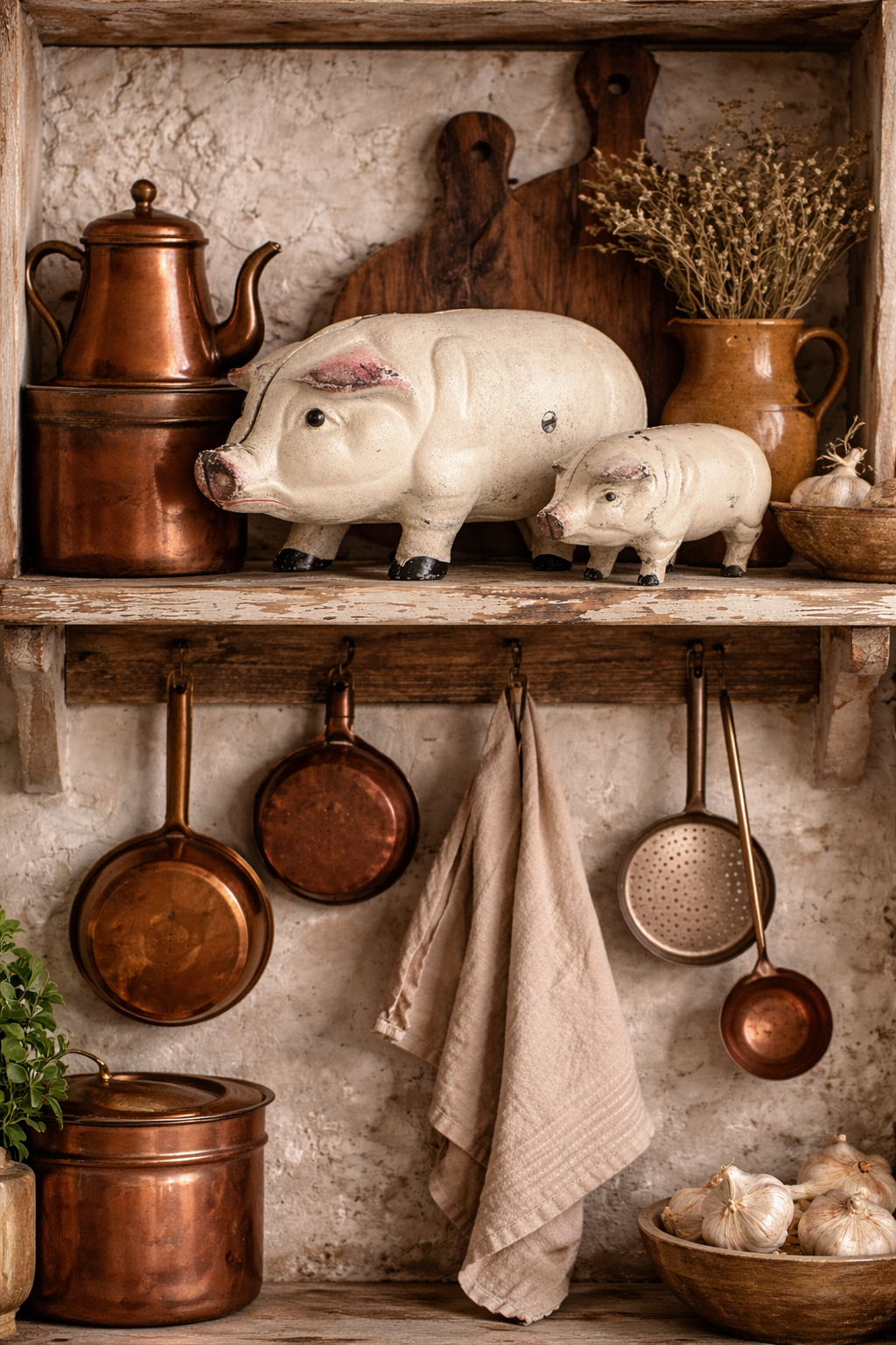 Antique French Cast Iron Pig Sculptures, Pair Piggy Banks, c.1900–1920