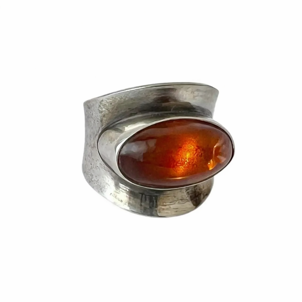 Vintage Baltic Amber Ring, Sterling Silver, Danish Modernist, Niels Erik From. UK size: O