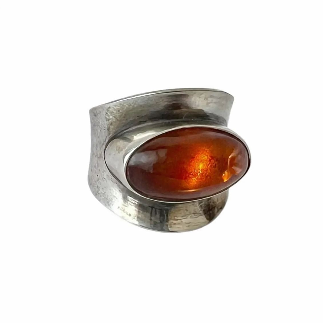 Vintage Baltic Amber Ring, Sterling Silver, Danish Modernist, Niels Erik From. UK size: O