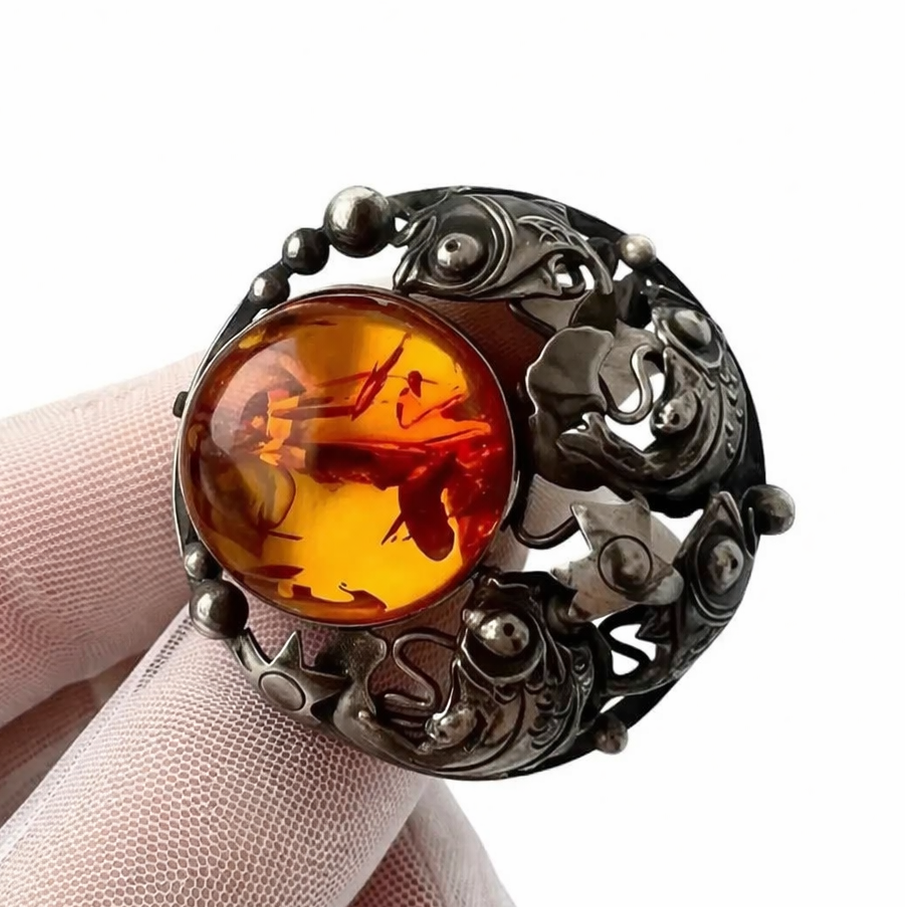 Niels Erik From Danish Sterling Silver Amber Brooch Scandinavian Fish Design