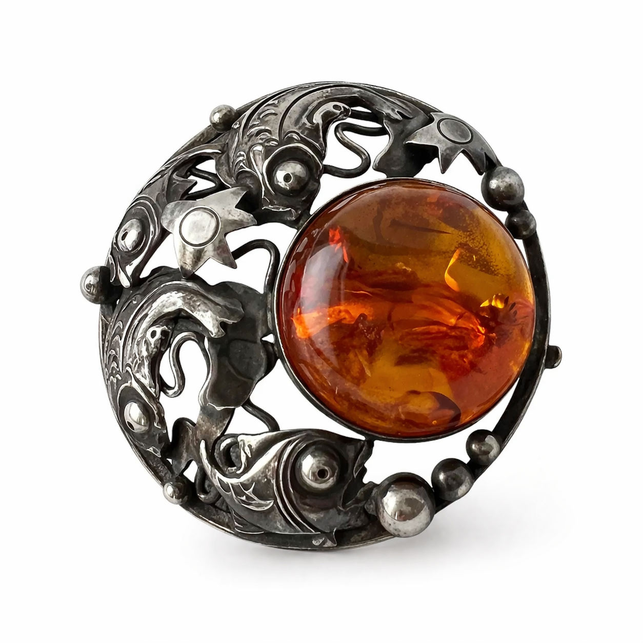 Niels Erik From Danish Sterling Silver Amber Brooch Scandinavian Fish Design