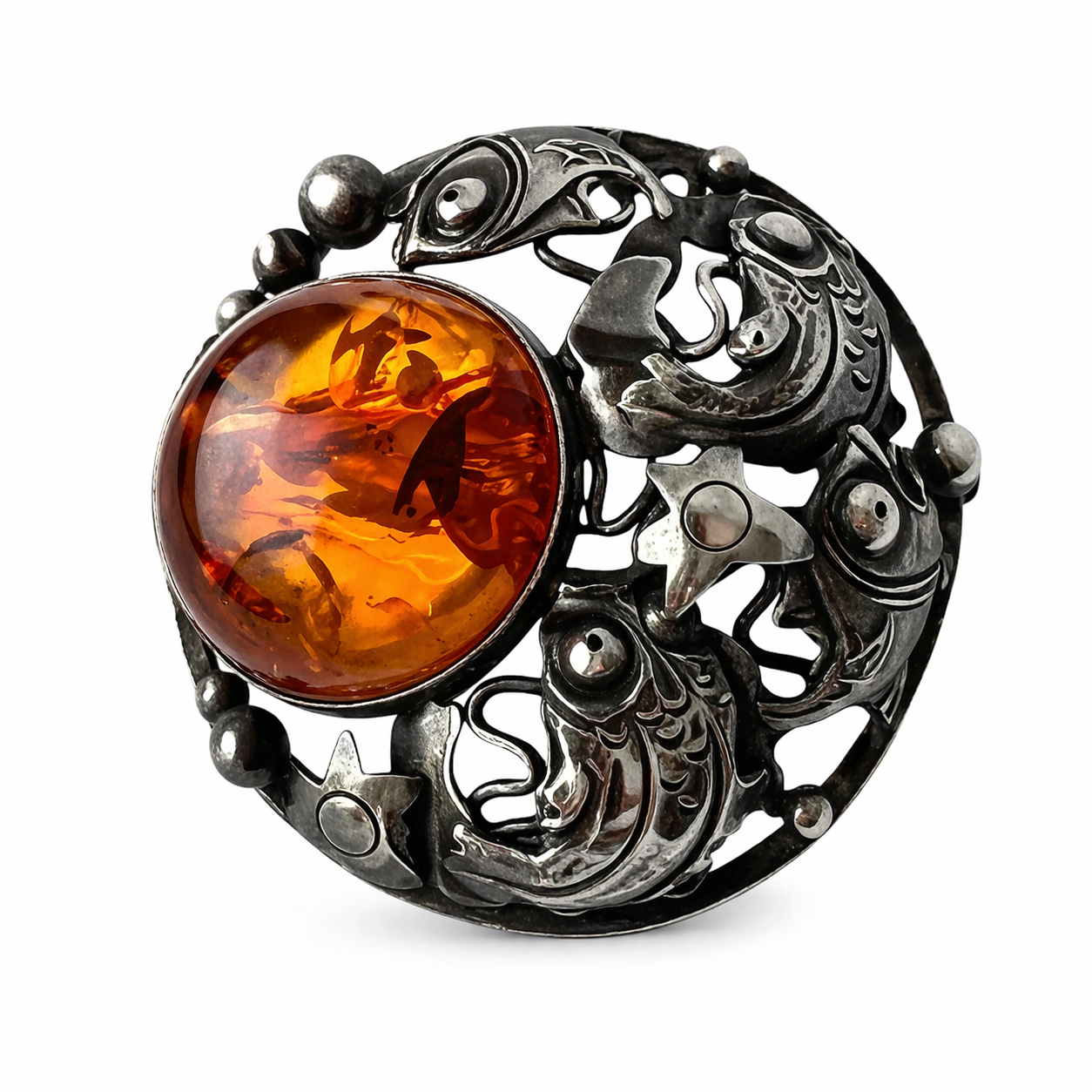 Niels Erik From Danish Sterling Silver Amber Brooch Scandinavian Fish Design