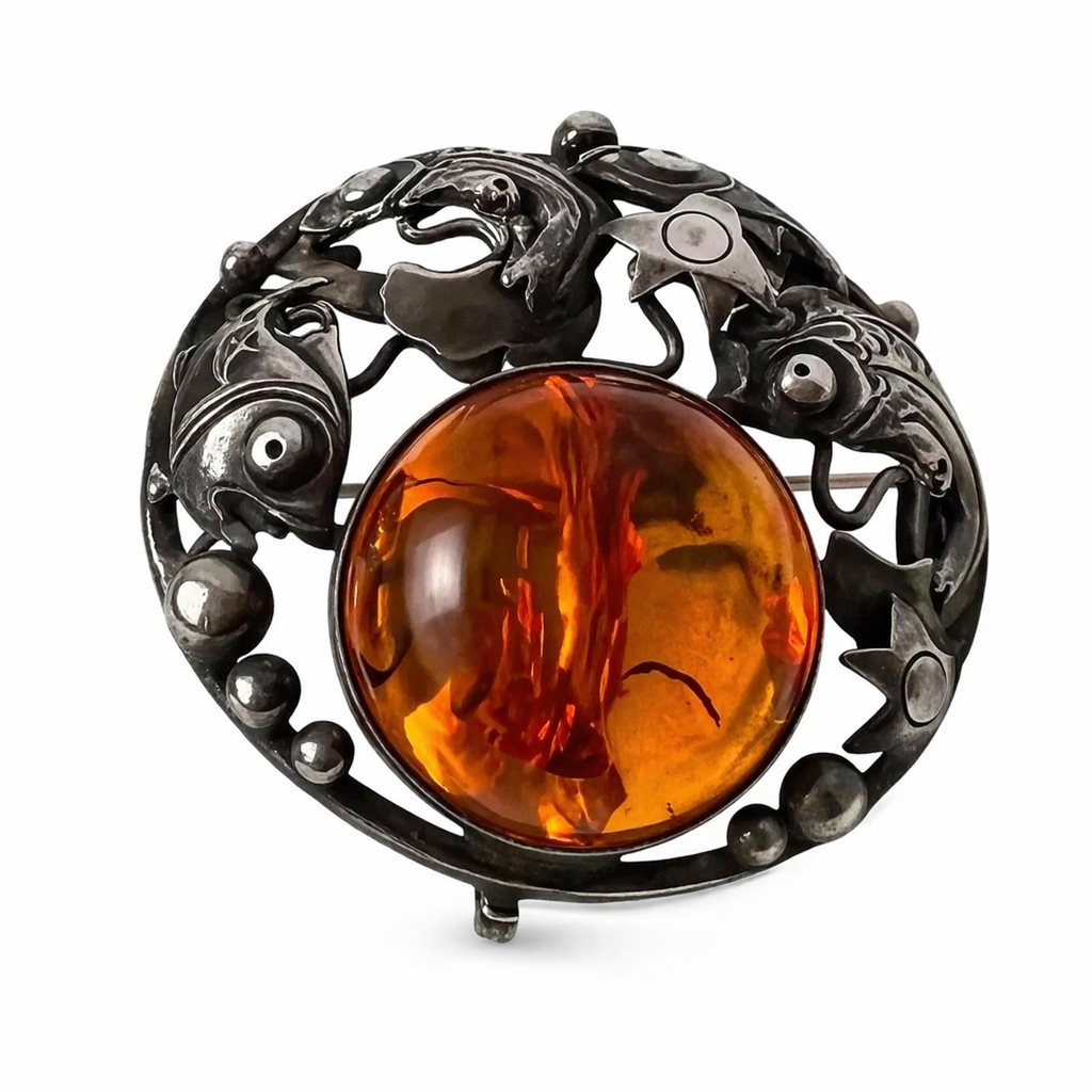 Niels Erik From Danish Sterling Silver Amber Brooch Scandinavian Fish Design