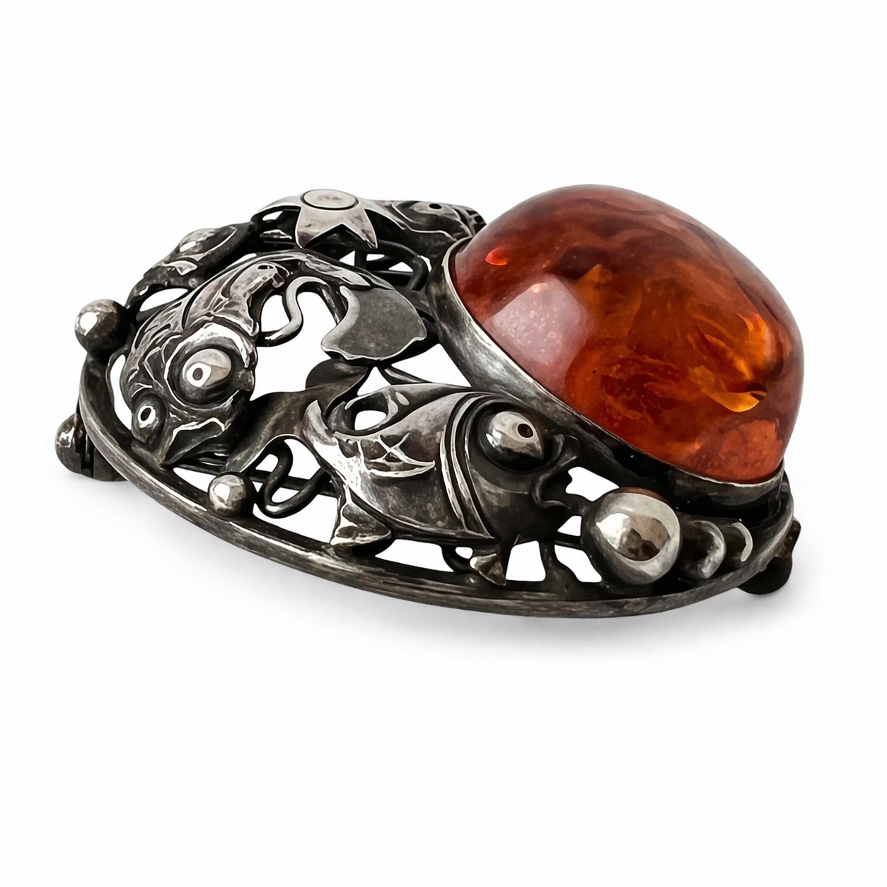 Niels Erik From Danish Sterling Silver Amber Brooch Scandinavian Fish Design