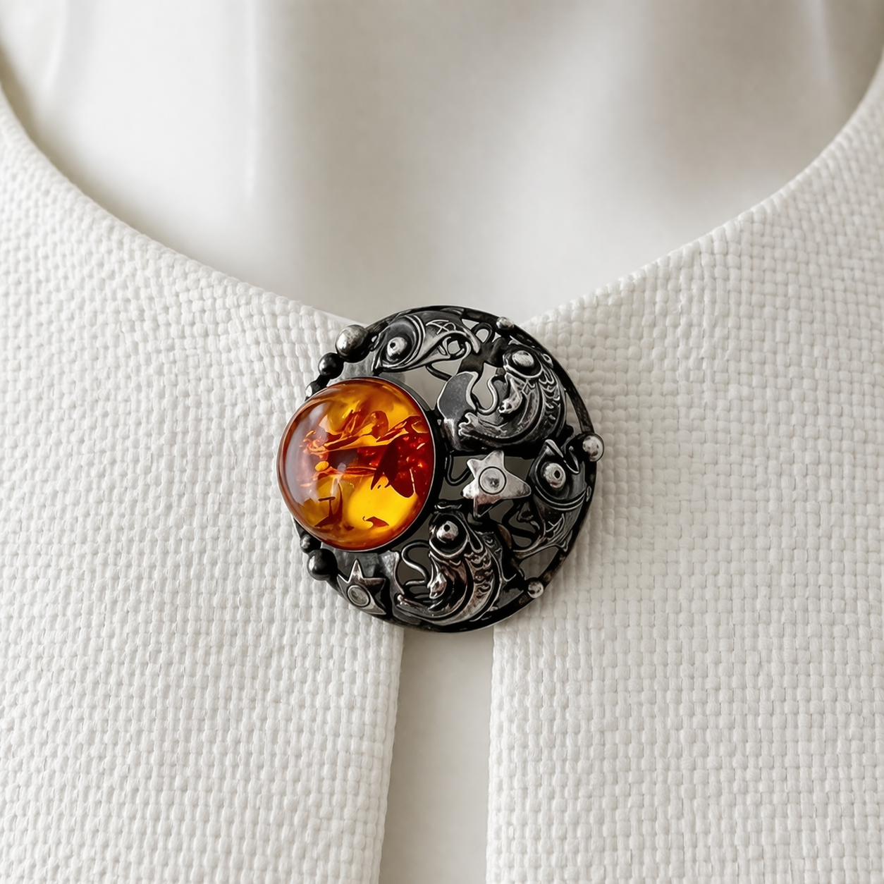 Niels Erik From Danish Sterling Silver Amber Brooch Scandinavian Fish Design