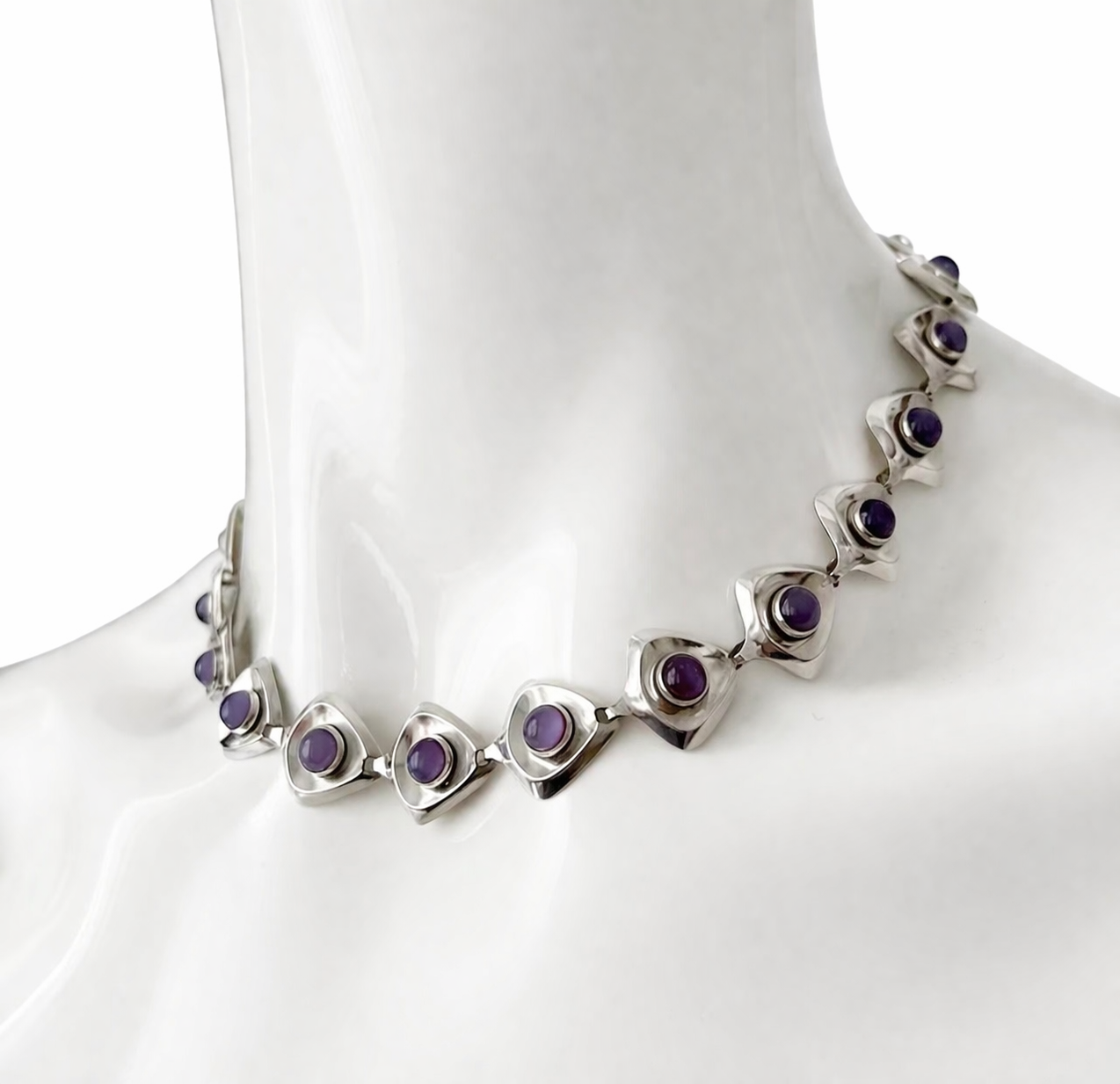 Danish Modernist Sterling Silver Amethyst Necklace by Hermann Siersbøl 1960s.