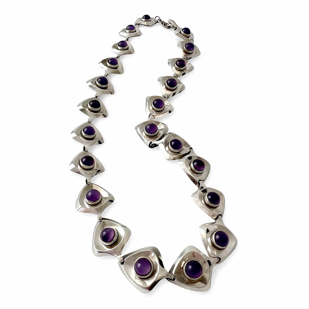 Danish Modernist Sterling Silver Amethyst Necklace by Hermann Siersbøl 1960s.