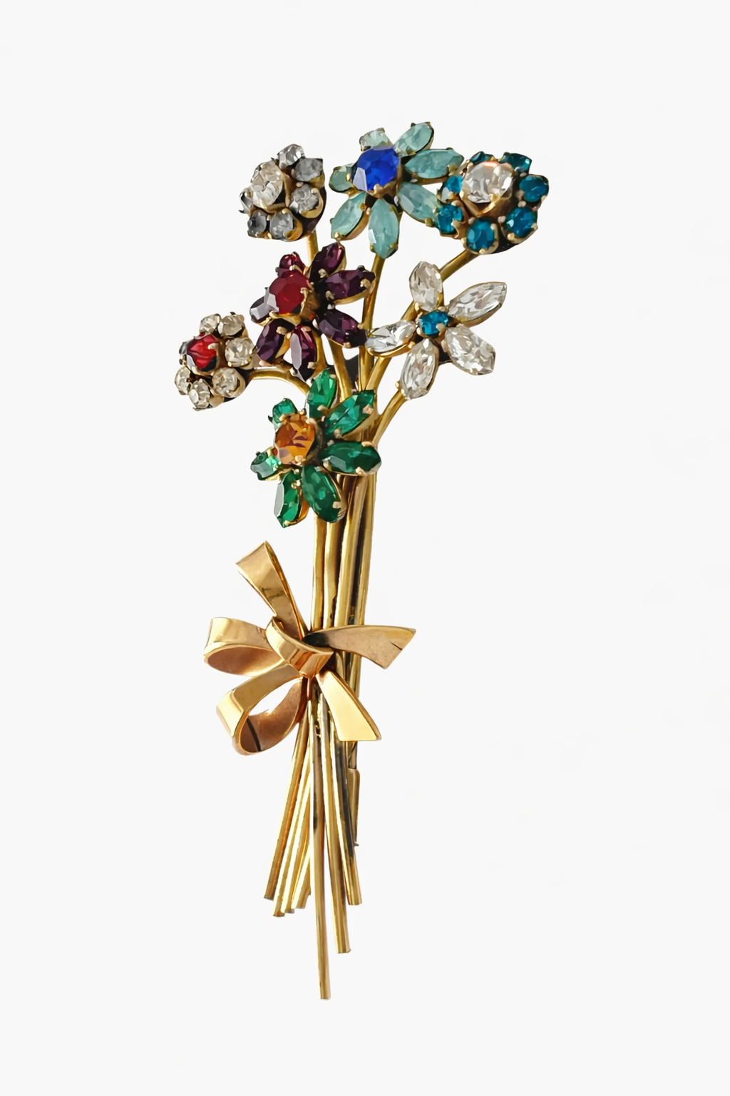 Art Deco Vintage Rhinestone Brooch – Floral Bouquet Pin with Trombone Clasp