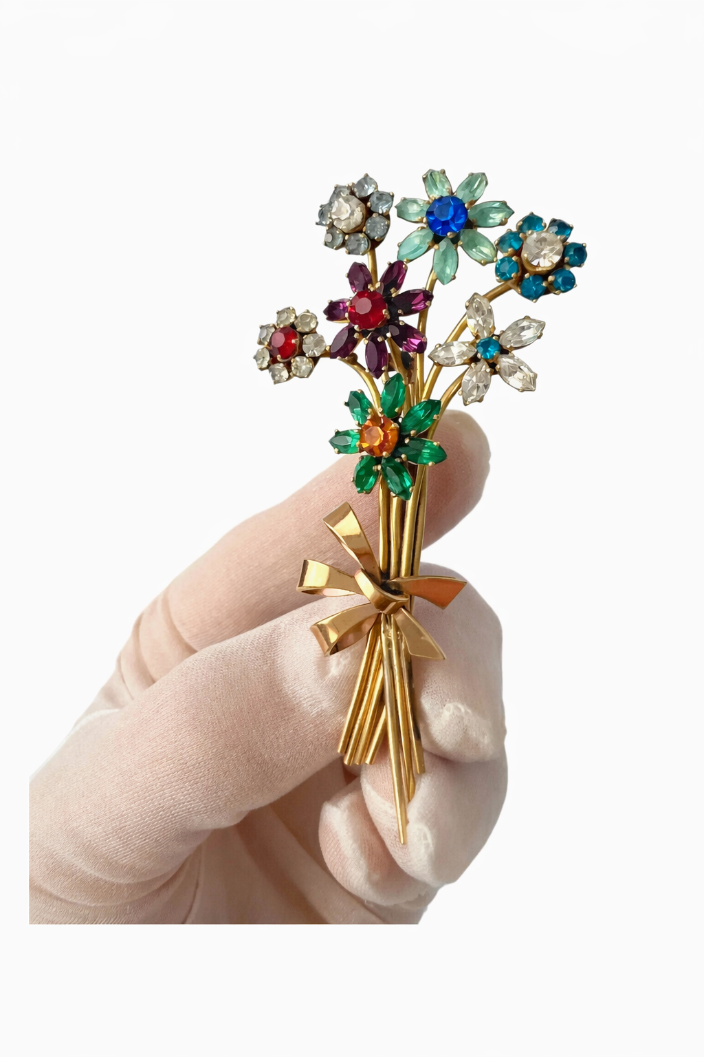 Art Deco Vintage Rhinestone Brooch – Floral Bouquet Pin with Trombone Clasp