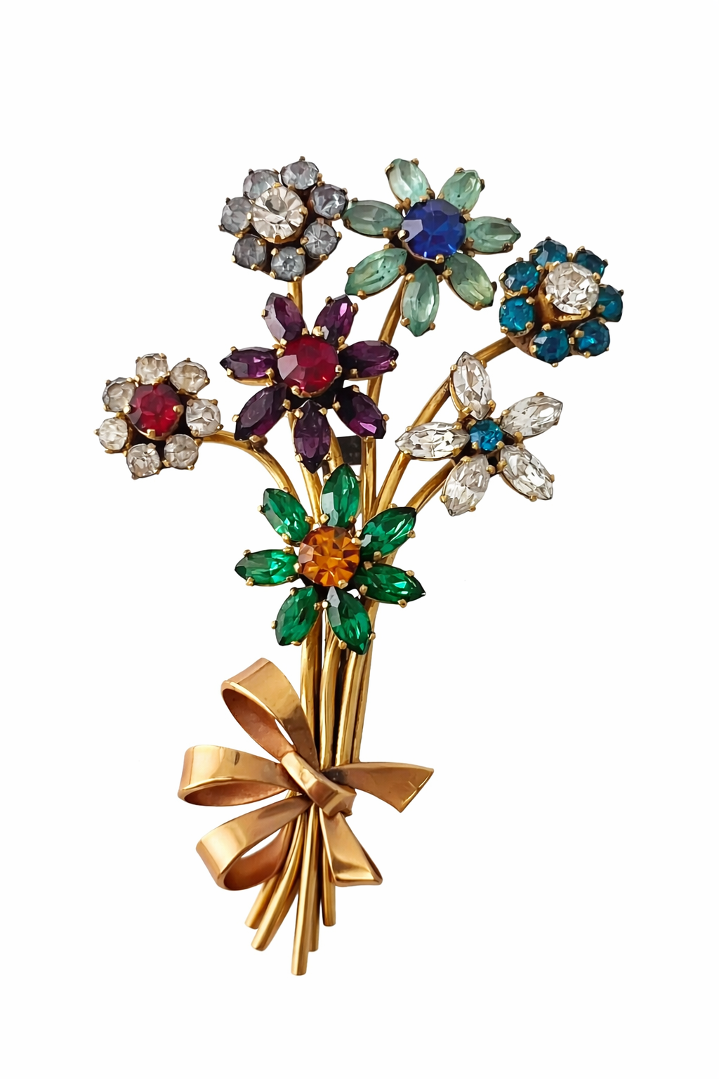 Art Deco Vintage Rhinestone Brooch – Floral Bouquet Pin with Trombone Clasp