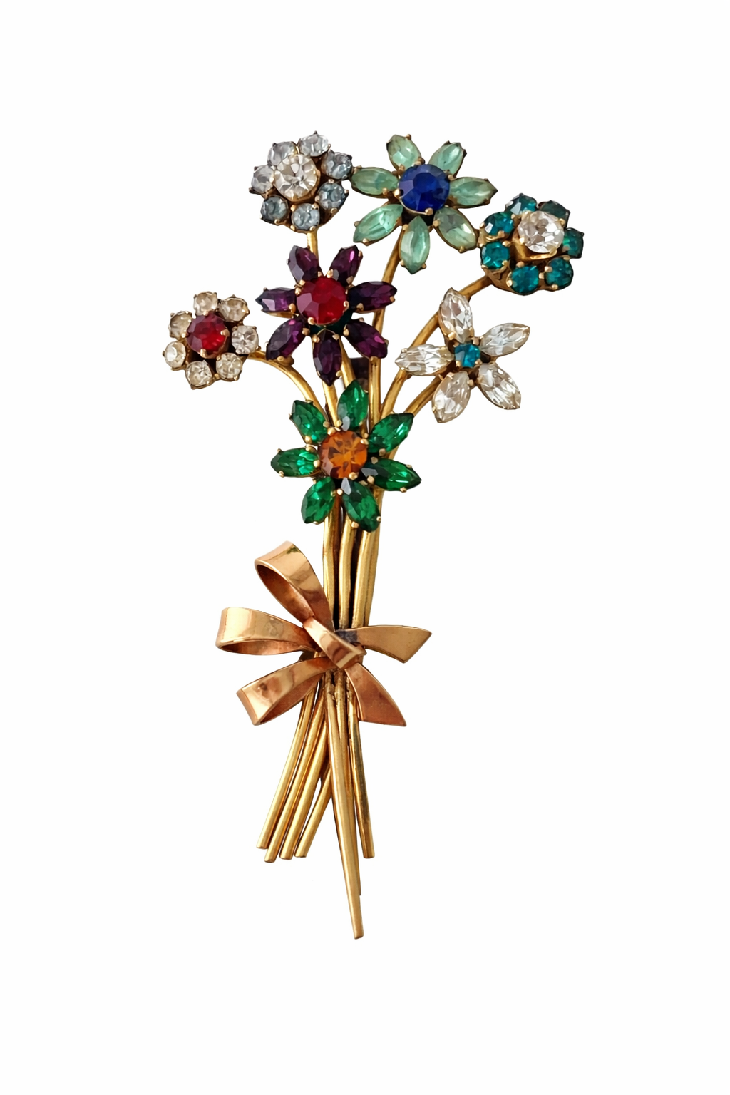 Art Deco Vintage Rhinestone Brooch – Floral Bouquet Pin with Trombone Clasp