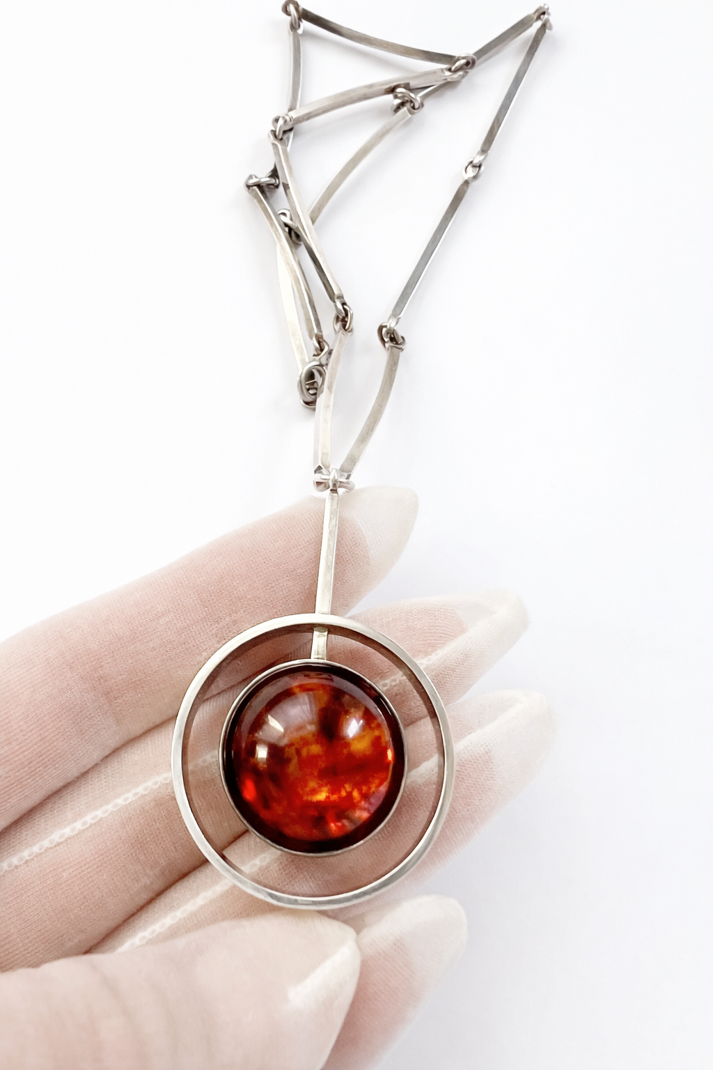 Niels Erik From Sterling Silver Amber Necklace, Danish Modernist Pendant, 925S Denmark